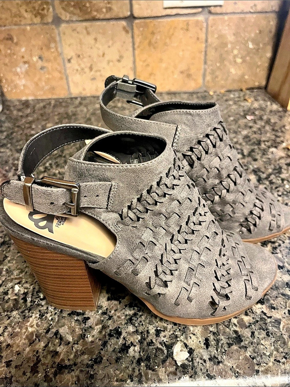 Fergalicious Gray Woven Ankle Strap Block Heels 8.5 EUC
